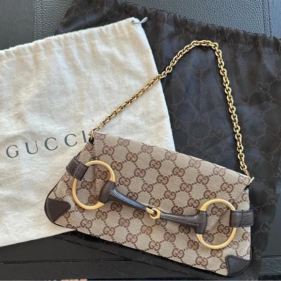 SOLD! Gucci Vintage Tom Ford GG Canvas Monogram Horsebit Chain Bag Brown - Picture 1 of 10